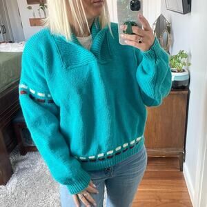 Vintage | Unbranded Teal Turquoise Cowl-Neck Pullover Knit Southwestern Sweater